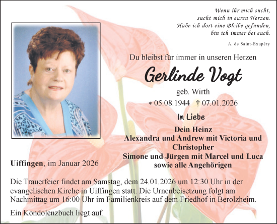 Traueranzeige von Gerlinde Vogt von Fränkische Nachrichten