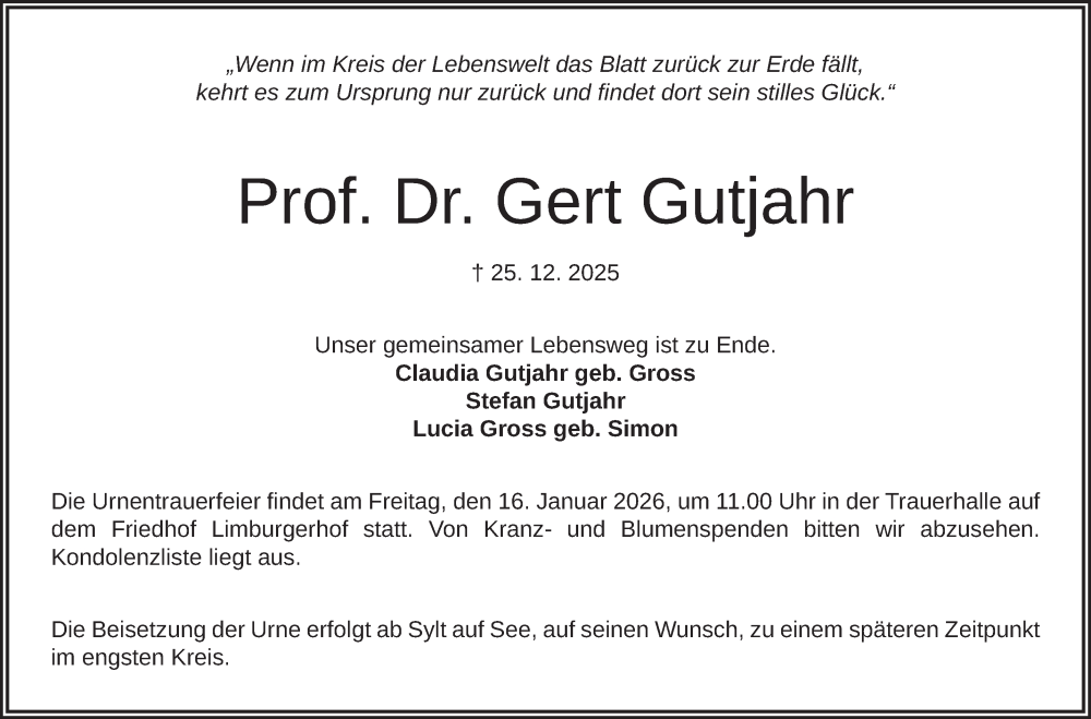  Traueranzeige für Gert Gutjahr vom 10.01.2026 aus Mannheimer Morgen