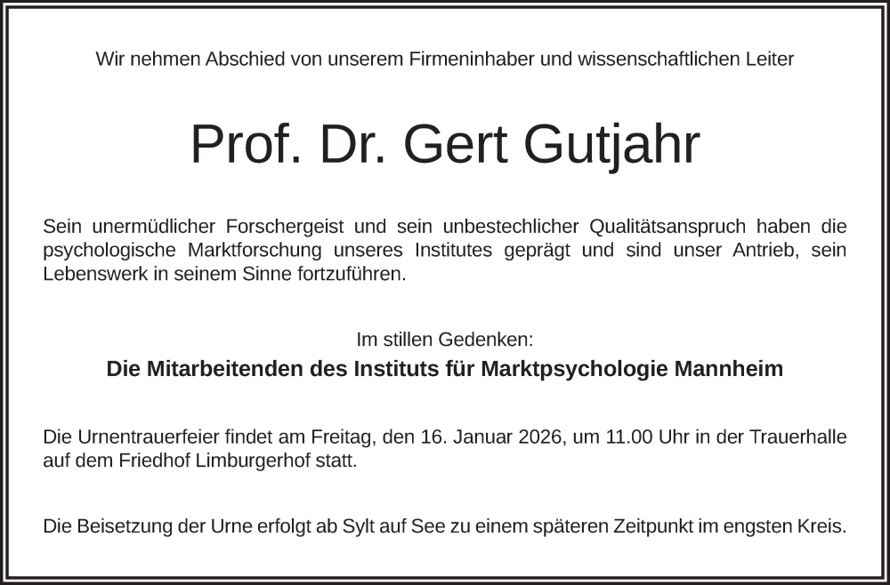  Traueranzeige für Gert Gutjahr vom 10.01.2026 aus Mannheimer Morgen
