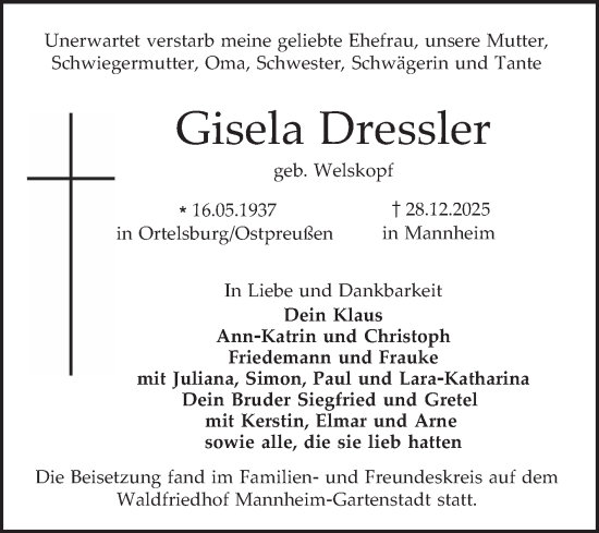 Traueranzeige von Gisela Dressler von Mannheimer Morgen