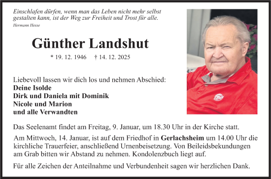Traueranzeige von Günther Landshut von Fränkische Nachrichten
