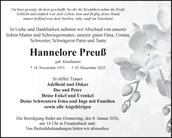 Traueranzeige von Hannelore Preuß von Fränkische Nachrichten
