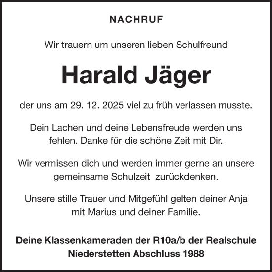Traueranzeige von Harald Jäger von Fränkische Nachrichten