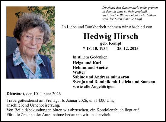 Traueranzeige von Hedwig Hirsch von Fränkische Nachrichten
