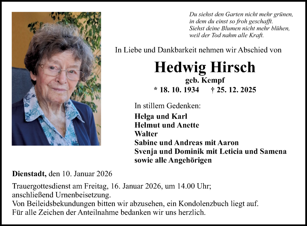  Traueranzeige für Hedwig Hirsch vom 10.01.2026 aus Fränkische Nachrichten