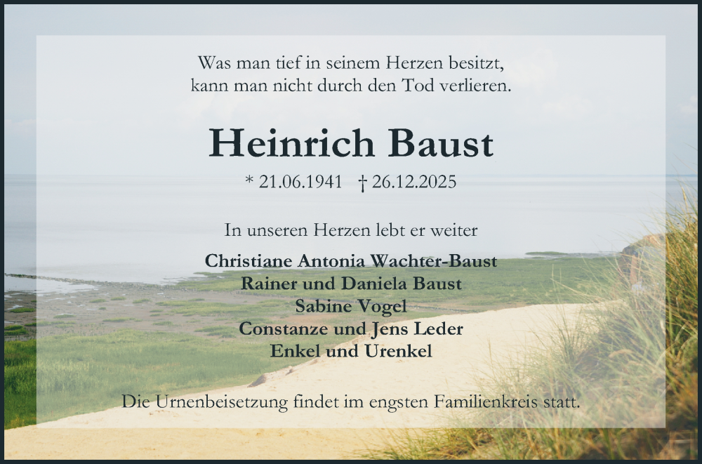  Traueranzeige für Heinrich Baust vom 31.01.2026 aus Schwetzinger Zeitung