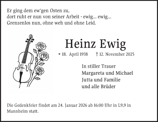Traueranzeige von Heinz Ewig von Mannheimer Morgen