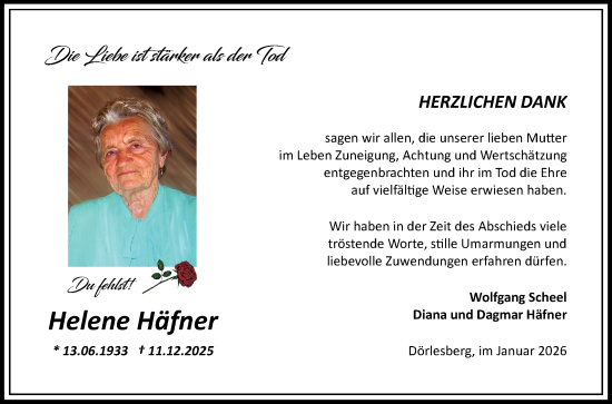 Traueranzeige von Helene Häfner von Fränkische Nachrichten