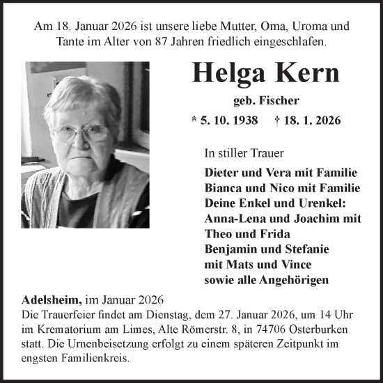 Traueranzeige von Helga Kern von Fränkische Nachrichten