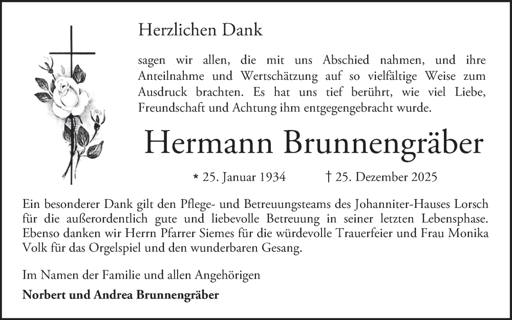  Traueranzeige für Hermann Brunnengräber vom 24.01.2026 aus Bergsträßer Anzeiger