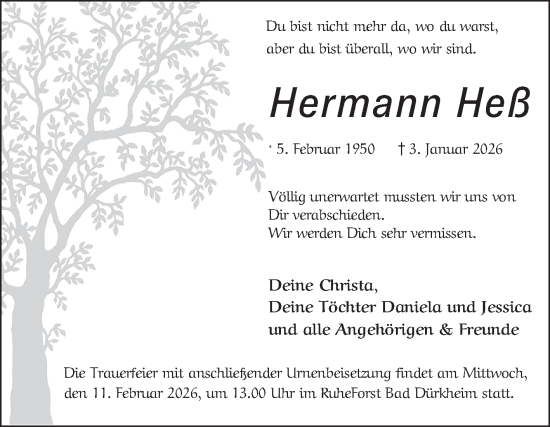 Traueranzeige von Hermann Heß von Schwetzinger Zeitung