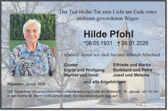 Traueranzeige von Hilde Pfohl von Fränkische Nachrichten