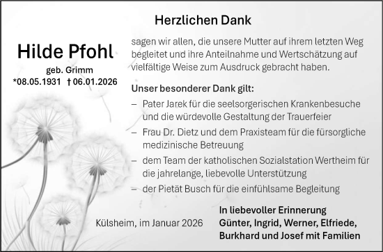 Traueranzeige von Hilde Pfohl von Fränkische Nachrichten