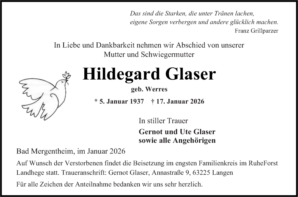  Traueranzeige für Hildegard Glaser vom 31.01.2026 aus Fränkische Nachrichten