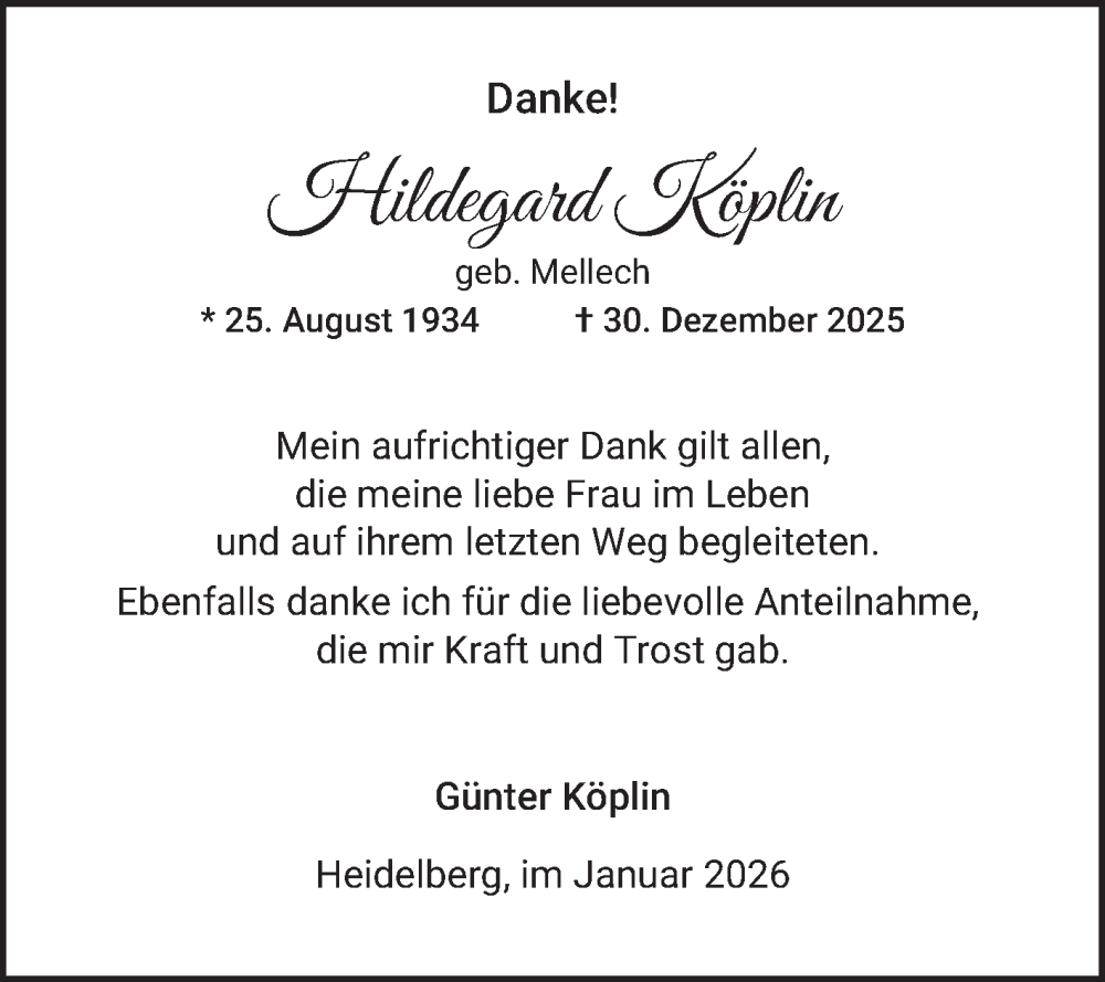  Traueranzeige für Hildegard Köplin vom 31.01.2026 aus Schwetzinger Zeitung