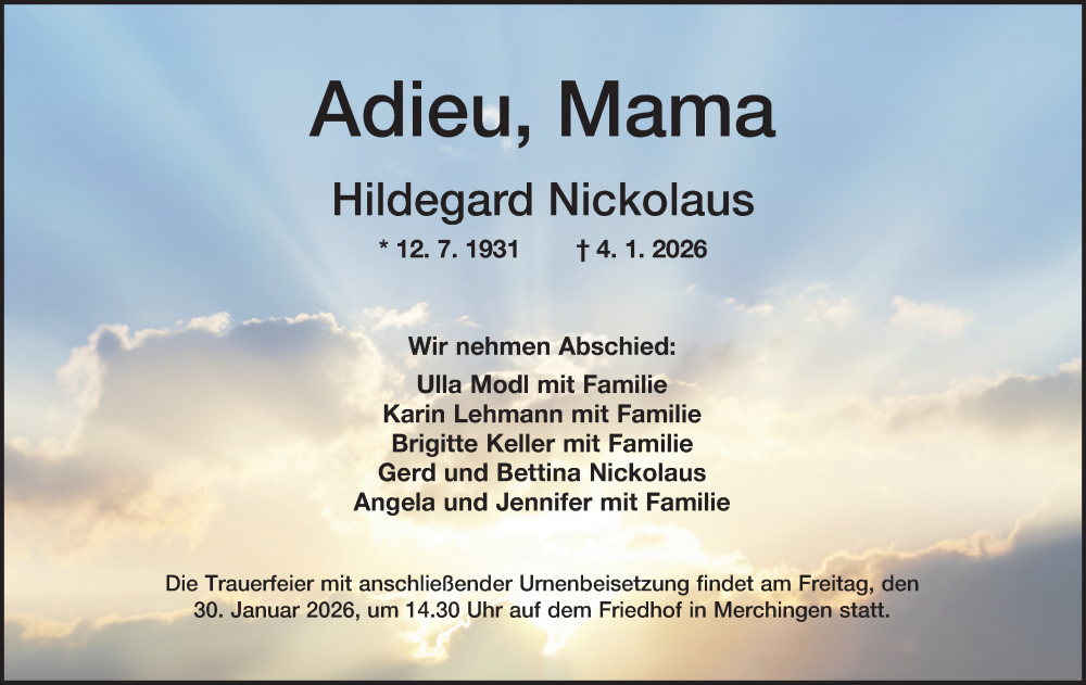  Traueranzeige für Hildegard Nickolaus vom 27.01.2026 aus Fränkische Nachrichten