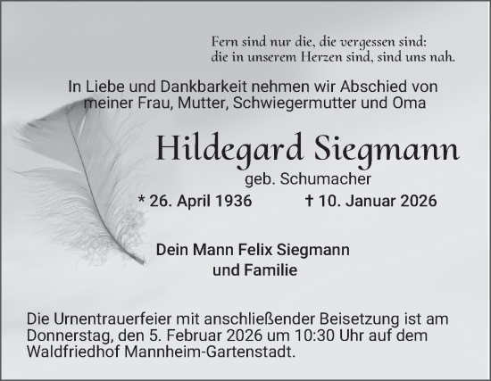 Traueranzeige von Hildegard Siegmann von Mannheimer Morgen