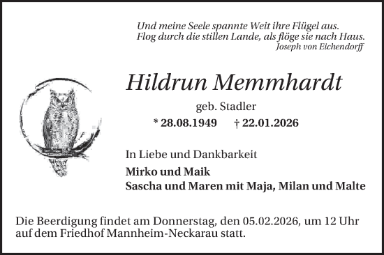 Traueranzeige von Hildrun Memmhardt von Mannheimer Morgen