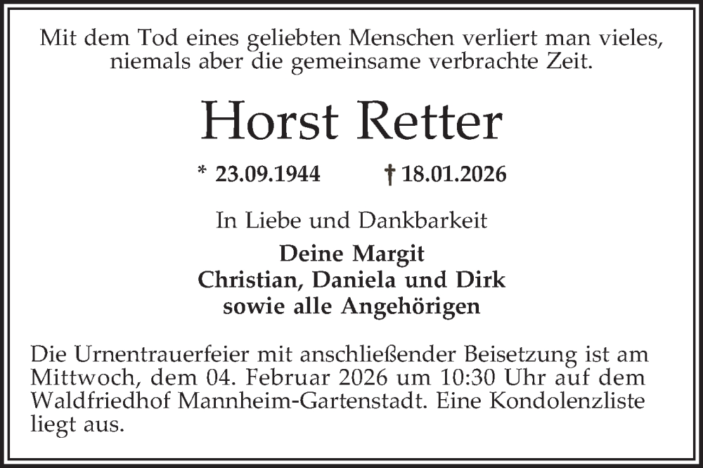  Traueranzeige für Horst Retter vom 31.01.2026 aus Mannheimer Morgen