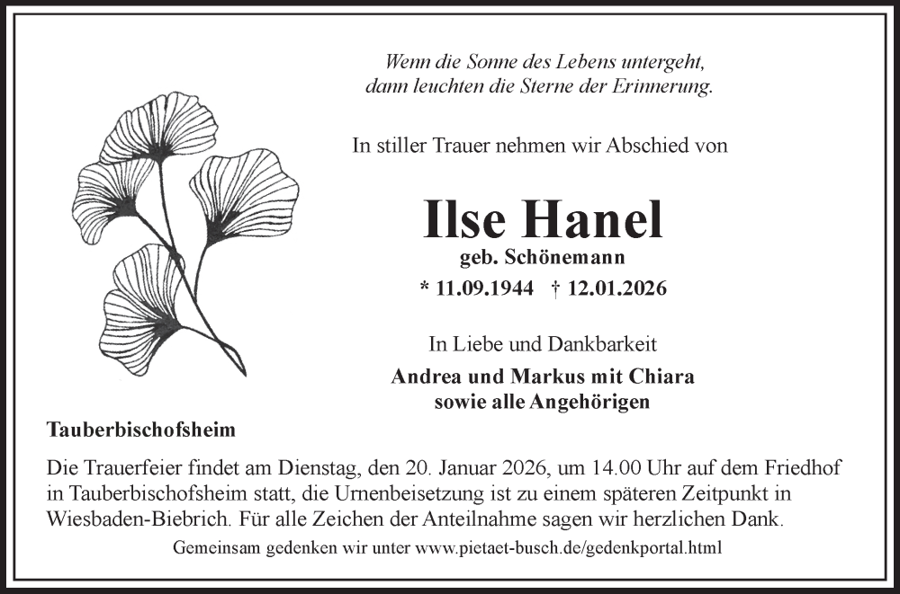  Traueranzeige für Ilse Hanel vom 17.01.2026 aus Fränkische Nachrichten