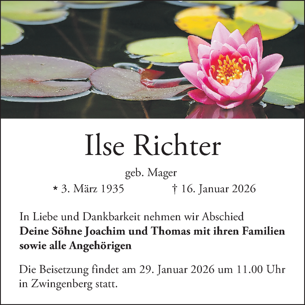  Traueranzeige für Ilse Richter vom 24.01.2026 aus Bergsträßer Anzeiger