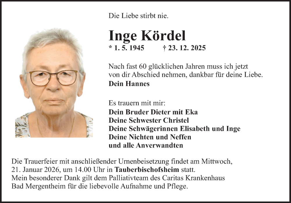  Traueranzeige für Inge Kördel vom 17.01.2026 aus Fränkische Nachrichten