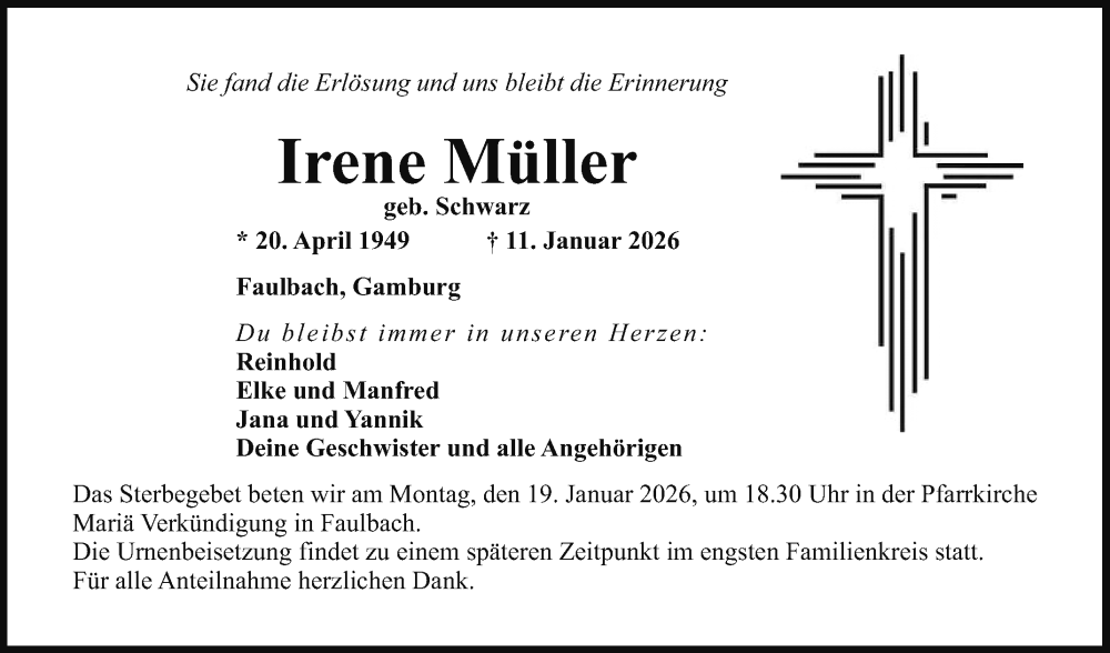  Traueranzeige für Irene Müller vom 17.01.2026 aus Fränkische Nachrichten