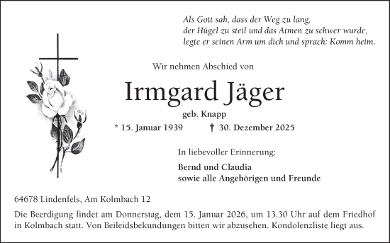 Traueranzeige von Irmgard Jäger von Bergsträßer Anzeiger