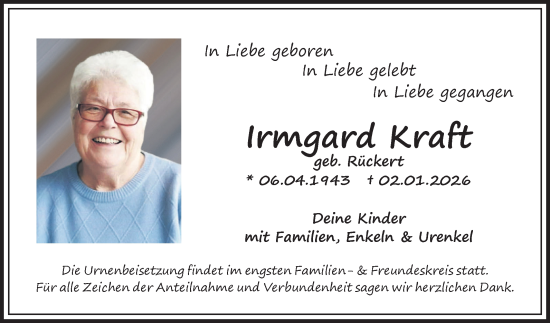 Traueranzeige von Irmgard Kraft von Fränkische Nachrichten