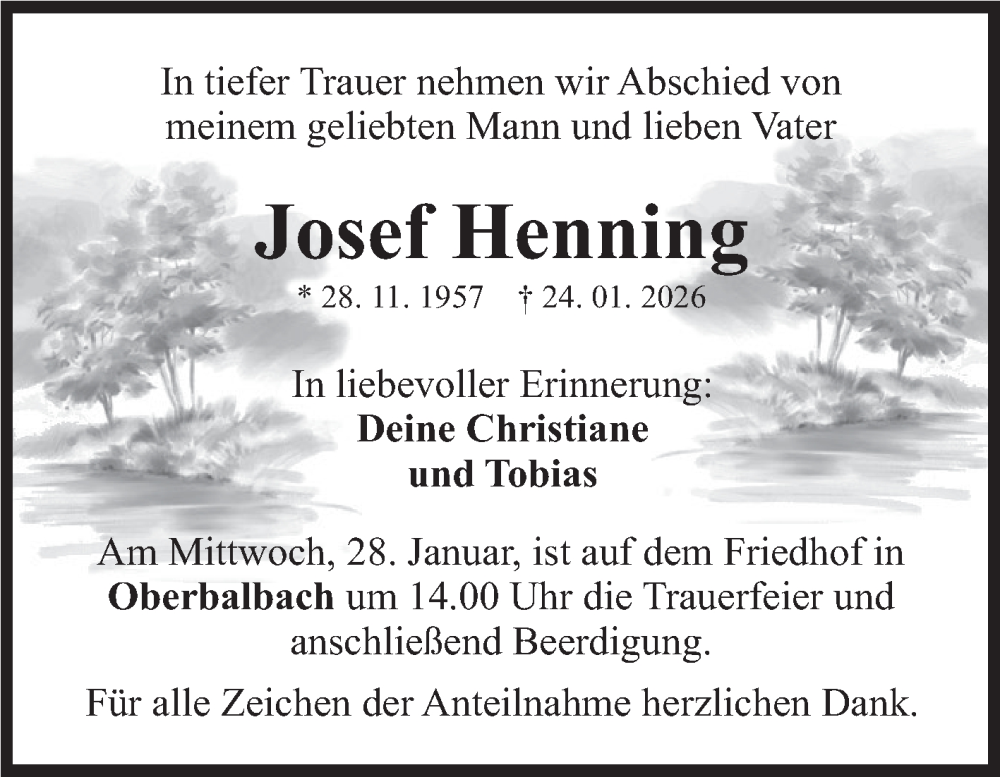  Traueranzeige für Josef Henning vom 27.01.2026 aus Fränkische Nachrichten