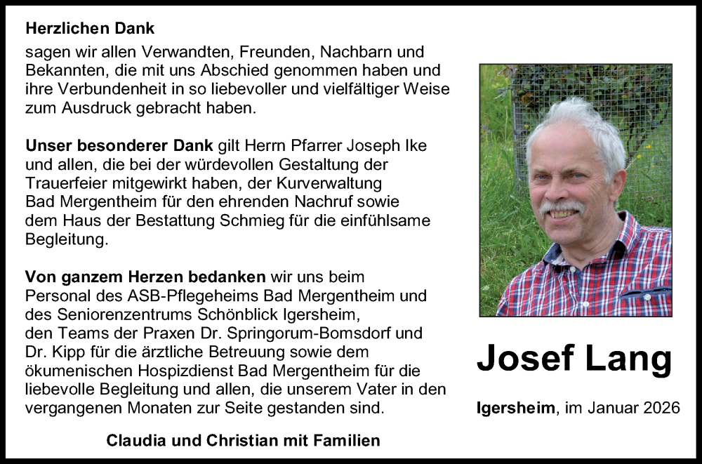  Traueranzeige für Josef Lang vom 24.01.2026 aus Fränkische Nachrichten