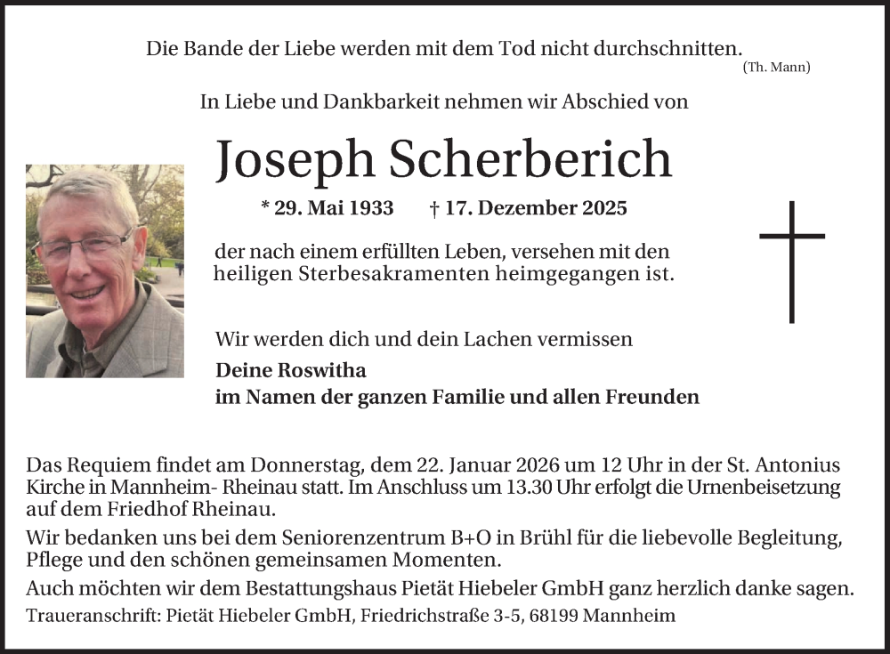  Traueranzeige für Joseph Scherberich vom 10.01.2026 aus Mannheimer Morgen