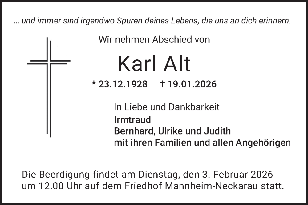  Traueranzeige für Karl Alt vom 24.01.2026 aus Mannheimer Morgen