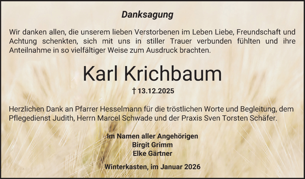  Traueranzeige für Karl Krichbaum vom 17.01.2026 aus Bergsträßer Anzeiger