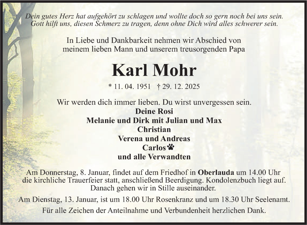  Traueranzeige für Karl Mohr vom 03.01.2026 aus Fränkische Nachrichten