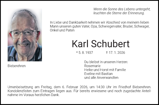 Traueranzeige von Karl Schubert von Fränkische Nachrichten