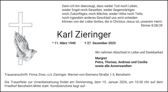 Traueranzeige von Karl Zieringer von Bergsträßer Anzeiger