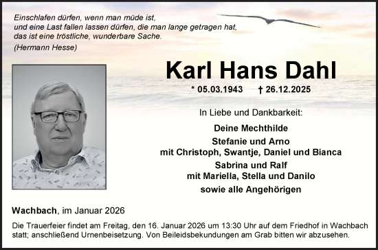 Traueranzeige von Karl Hans Dahl von Fränkische Nachrichten