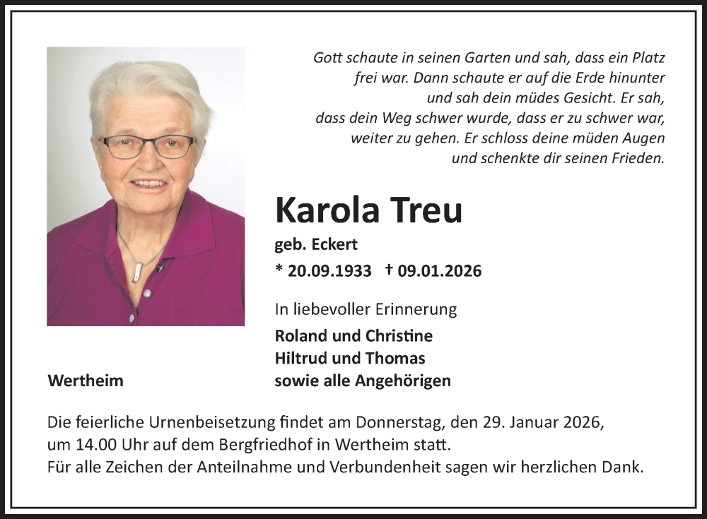  Traueranzeige für Karola Treu vom 24.01.2026 aus Fränkische Nachrichten