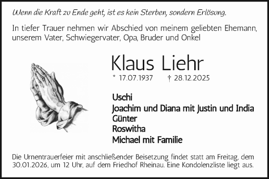 Traueranzeige von Klaus Liehr von Mannheimer Morgen