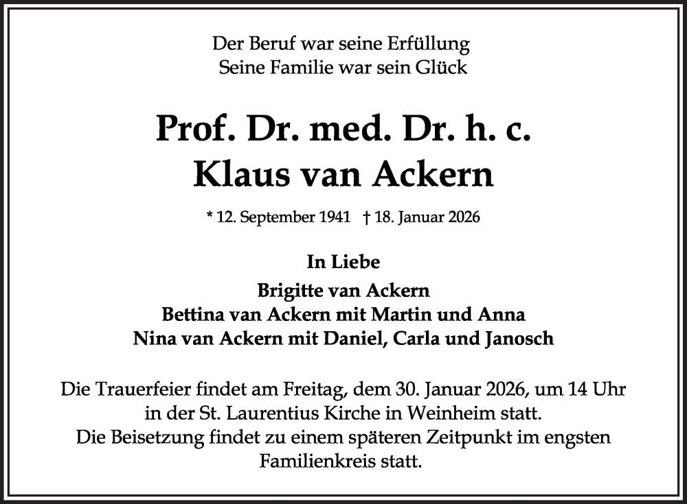  Traueranzeige für Klaus van Ackern vom 24.01.2026 aus Mannheimer Morgen