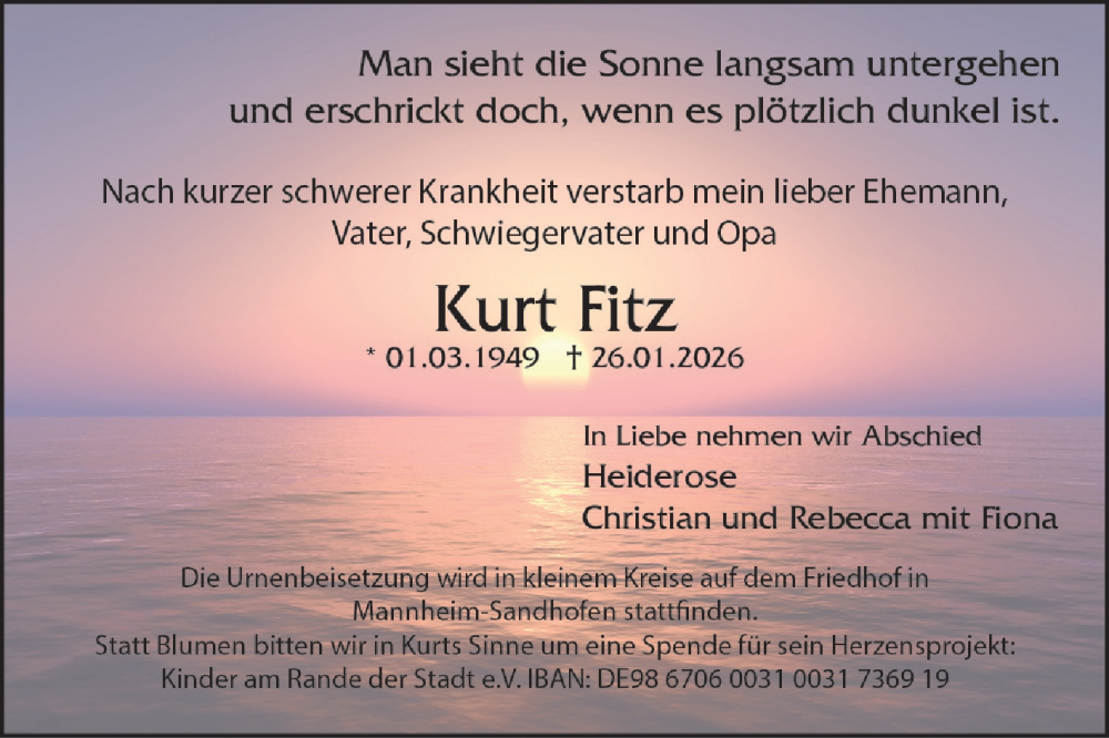  Traueranzeige für Kurt Fitz vom 30.01.2026 aus Mannheimer Morgen