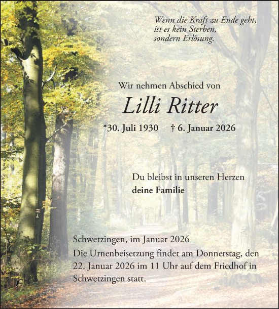 Traueranzeige von Lilli Ritter von Schwetzinger Zeitung