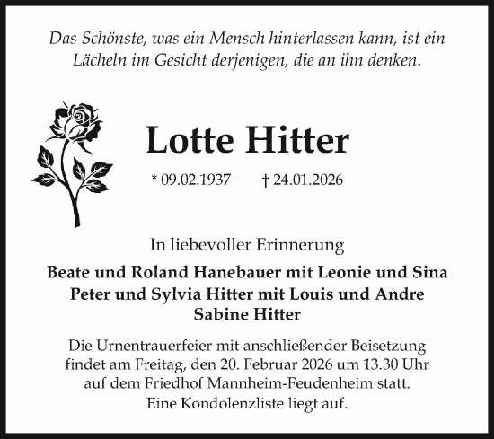 Traueranzeige von Lotte Hitter von Mannheimer Morgen