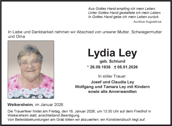 Traueranzeige von Lydia Ley von Fränkische Nachrichten