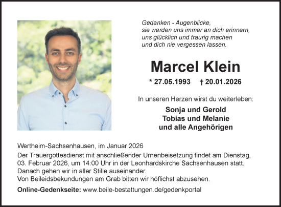 Traueranzeige von Marcel Klein von Fränkische Nachrichten