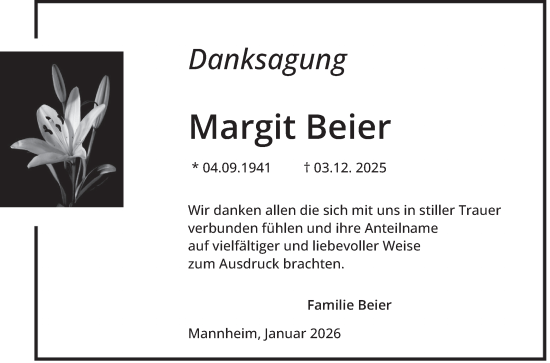 Traueranzeige von Margit Beier von Mannheimer Morgen
