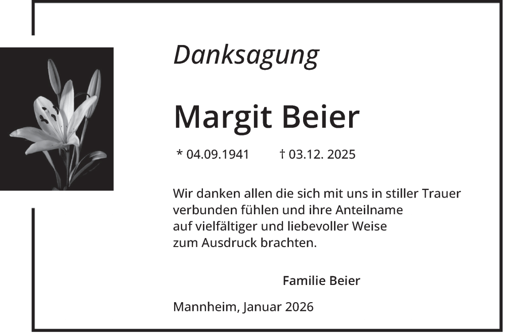  Traueranzeige für Margit Beier vom 10.01.2026 aus Mannheimer Morgen