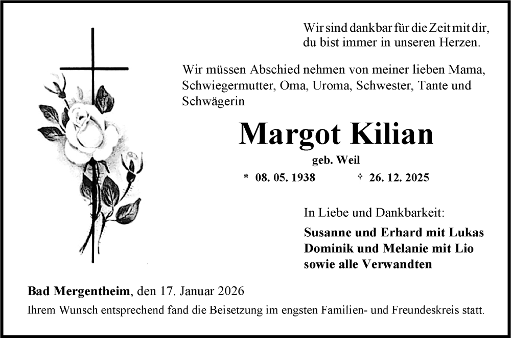  Traueranzeige für Margot Kilian vom 17.01.2026 aus Fränkische Nachrichten