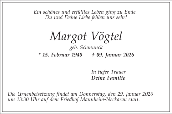 Traueranzeige von Margot Vögtel von Mannheimer Morgen